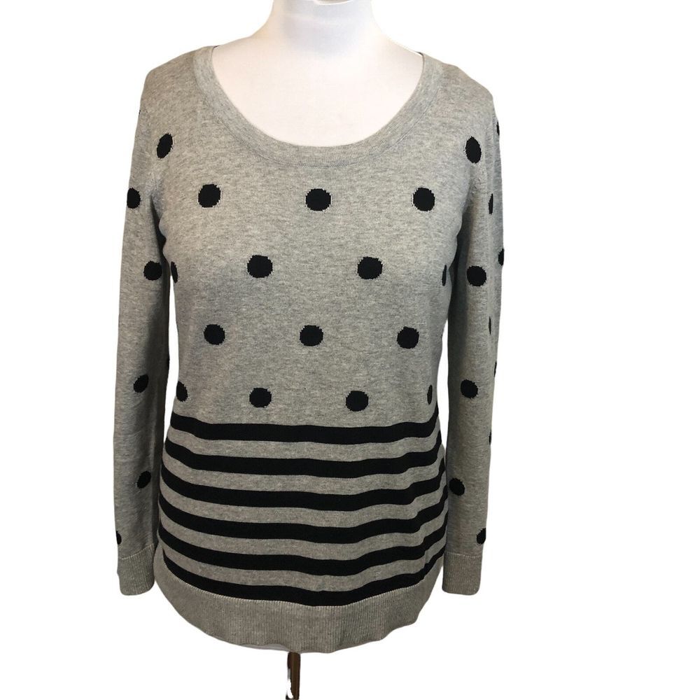 B Design Women's SZ XL Black Dots and Stripes on‎ Gray Long Sleeve Sweater